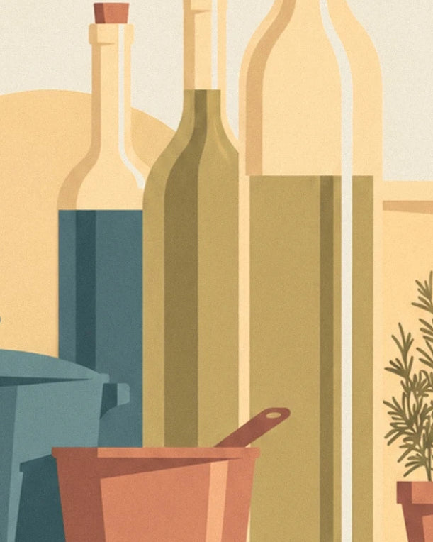 The tall bottles with olive and blue highlights, behind a terracotta saucepan