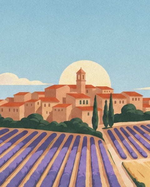 The Provençal village with orange rooftops, its bell tower and rows of lavender