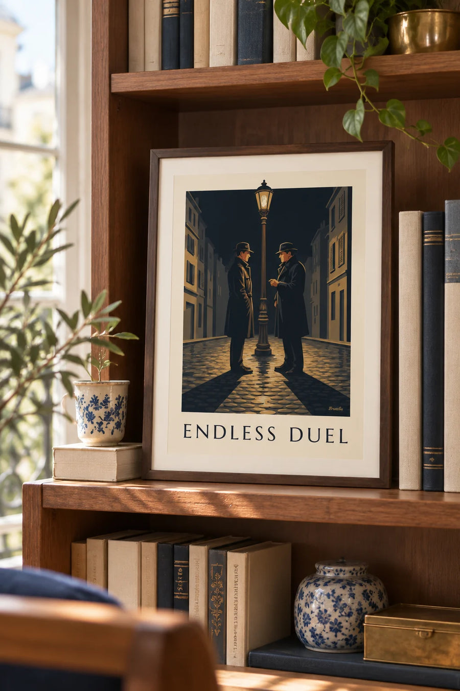 Poster Film-noir-Duell unter einer Straßenlaterne, regnerische Nacht: kleines Format A4 gerahmt