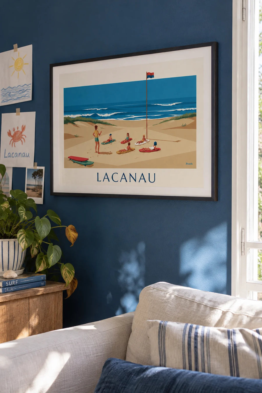 Poster of a kids’ surf lesson on Lacanau beach: framed on the wall