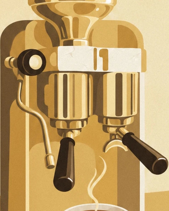 Die 2 schwarzen Siebträger und das geschwungene Dampfrohr der goldenen Espressomaschine