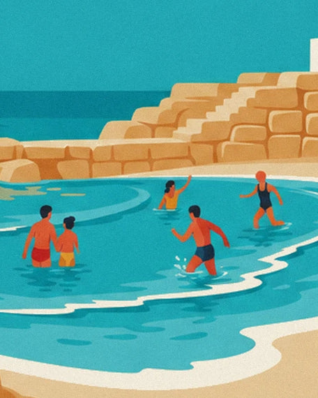 The bathers in the turquoise water, in front of the ochre rocks and their steps