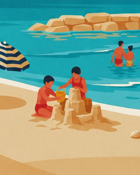 The 2 children by the sandcastle, with their yellow bucket at the edge of the turquoise water
