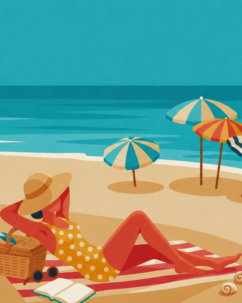 The woman in a yellow swimsuit with white polka dots, lying beside the parasols on the beach