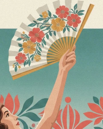 Un éventail aux fleurs rouges et jaunes, tenu au bout d’un bras levé
