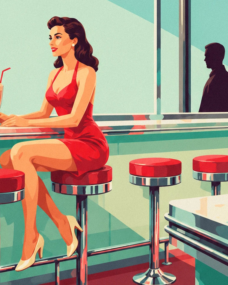 Poster Pin-up an der Theke eines amerikanischen Diners: Detail in Nahaufnahme