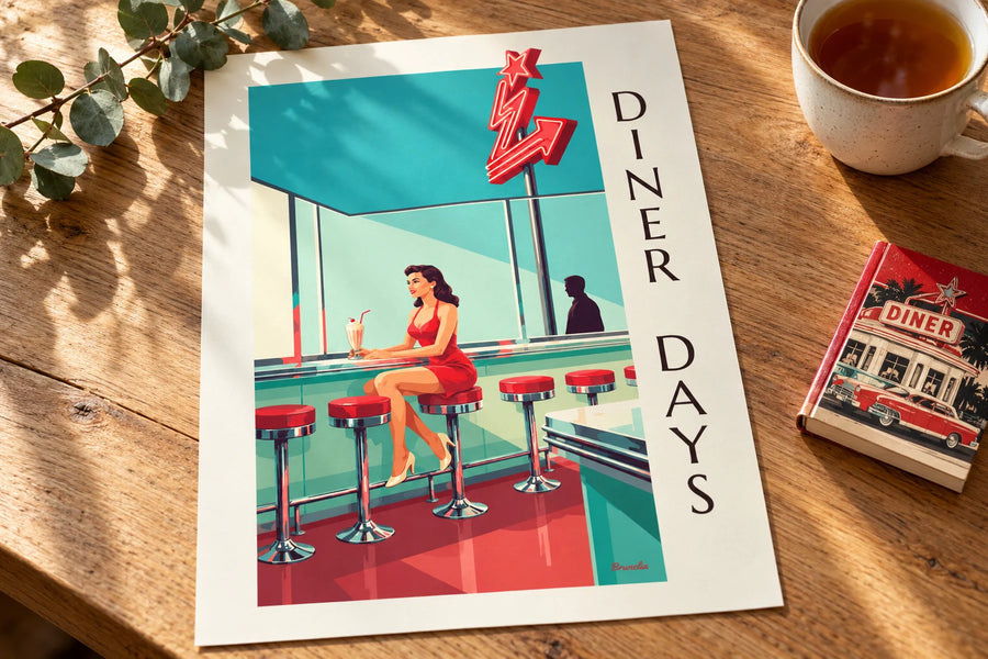 Poster Pin-up an der Theke eines amerikanischen Diners: auf einem Tisch