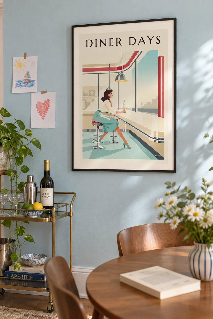 Pin-up at the counter of an American diner poster: framed on the wall