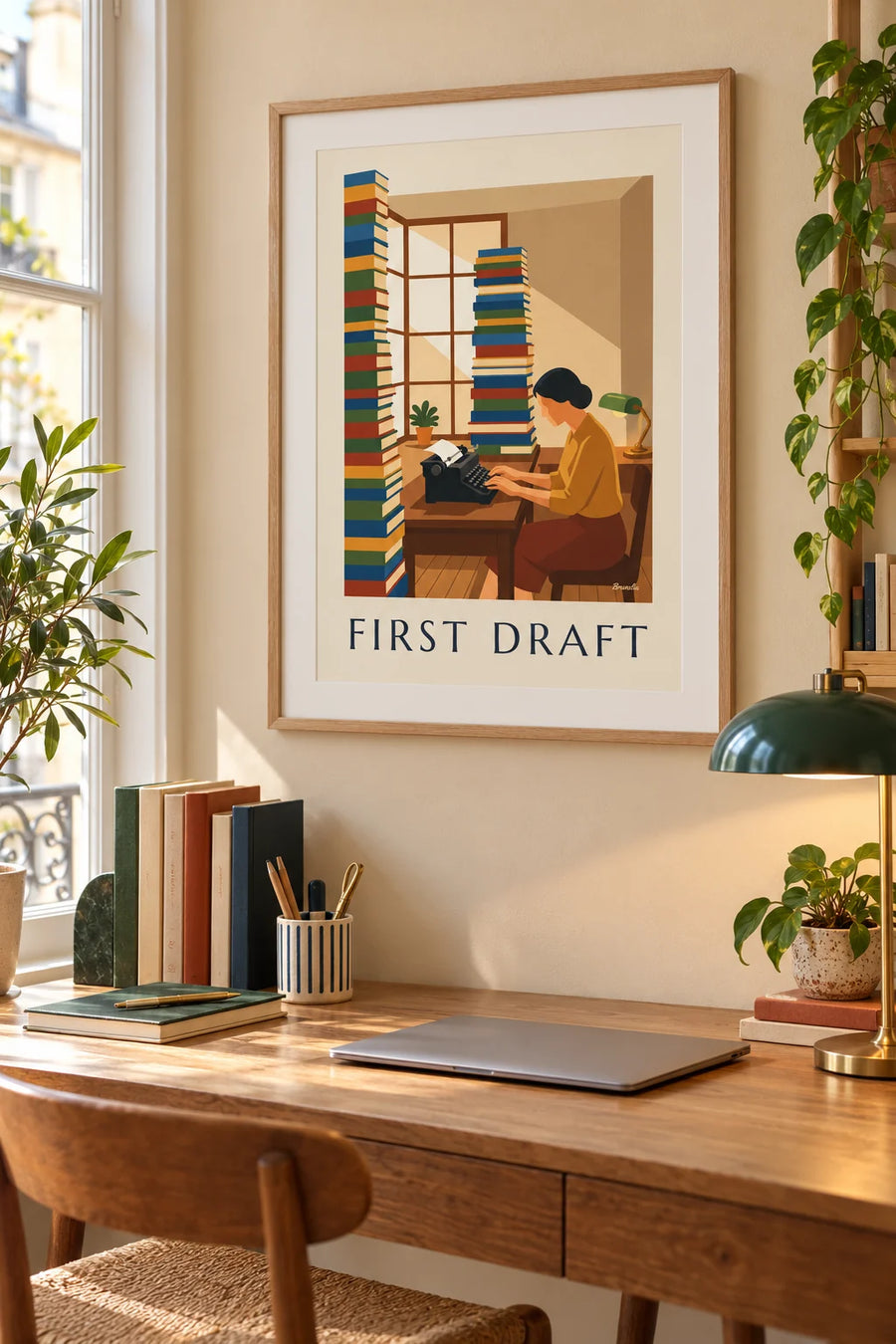 Poster Schriftstellerin an der Schreibmaschine: gerahmt an der Wand