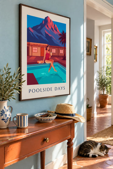 Poster mit Frau in einem Dachpool bei Sonnenuntergang: gerahmt an der Wand