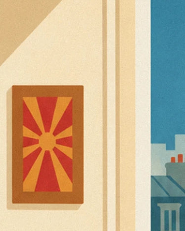 A red picture with golden rays on the cream wall, near the window