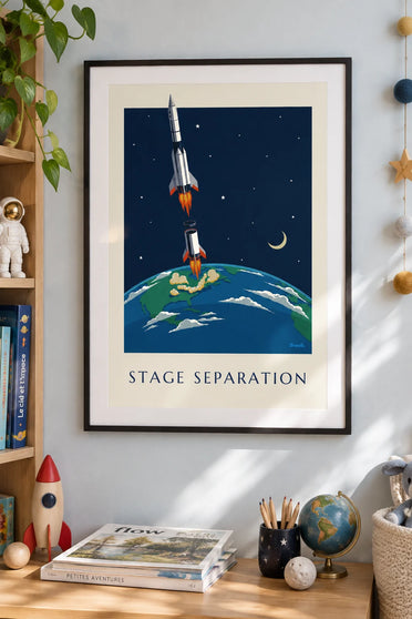 Poster Raketenstufen, die sich über der Erde trennen: gerahmt an der Wand