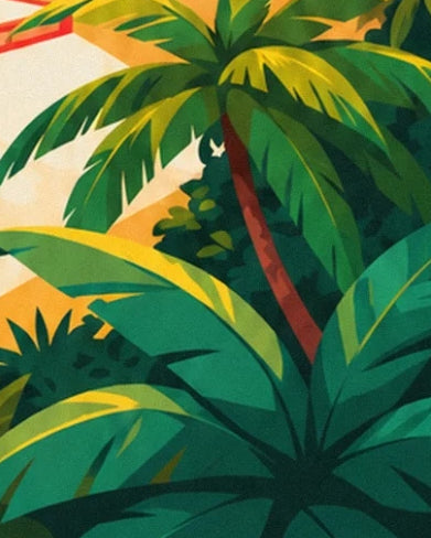 A palm tree with a leaning trunk among broad green leaves lit with yellow
