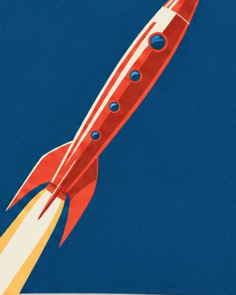 The red and white rocket with 4 blue portholes, propelled by a yellow and white flame