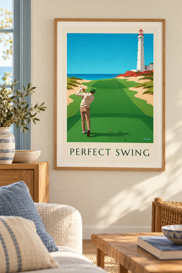 Poster Golfer mitten im Schwung auf einem Links-Platz an der Klippe : gerahmt an der Wand