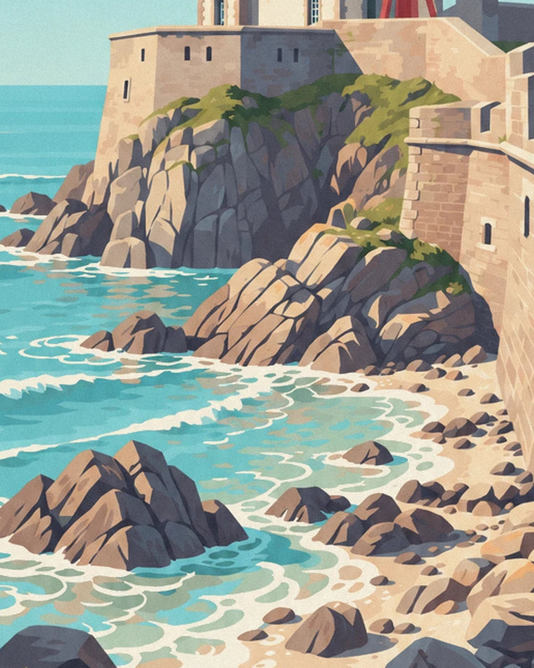 Granville white lighthouse with red lantern on the rocks poster: close-up detail