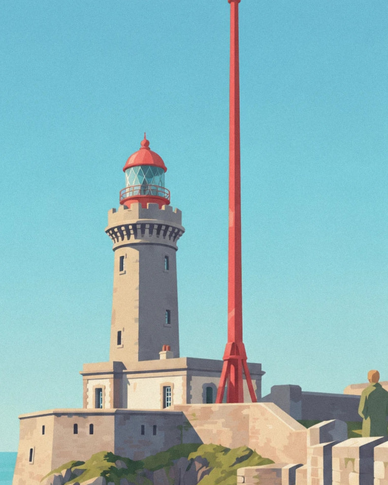 Granville white lighthouse with red lantern on the rocks poster: close-up detail