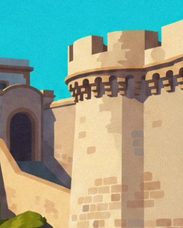 The golden stone battlement tower and the arched gateway in the ramparts beneath a turquoise sky