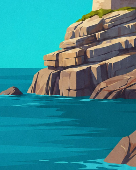 The cliff of layered grey rock facing the ocean, with a small reef offshore
