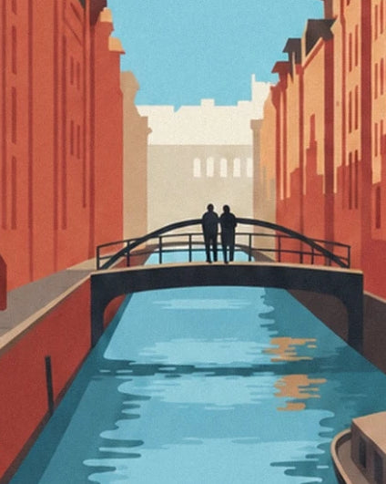 Die 2 Figuren auf einer Bogenbrücke zwischen den roten Speichern der Speicherstadt
