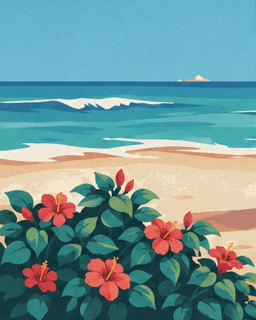 Ein roter Hibiskusstrauch mit grünem Laub und einer rollenden Welle dahinter
