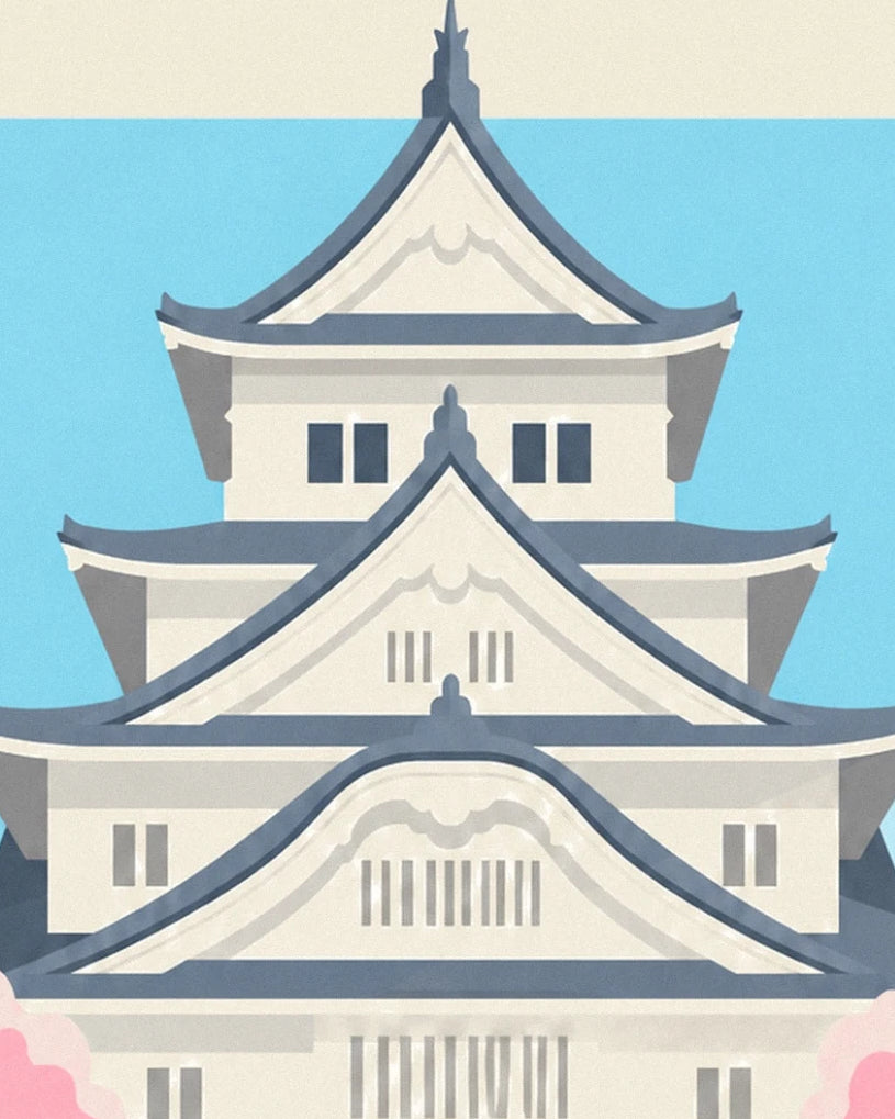 The curved slate-blue roofs and pale façades of Himeji castle