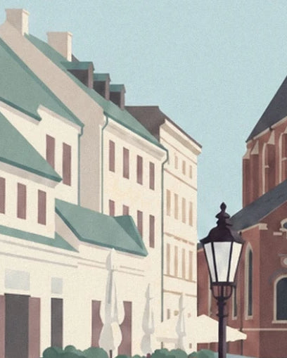 A black street lamp in front of cream façades with green roofs and closed parasols