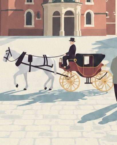 The white horse and burgundy carriage with golden wheels, with its coachman in a top hat