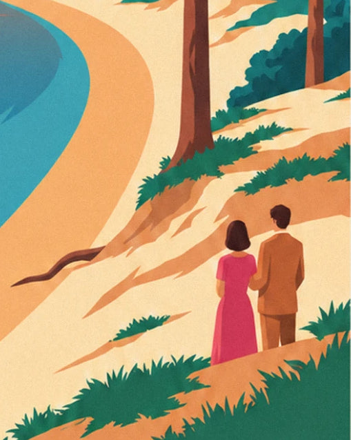 Le couple de dos, robe rose et veste camel, sur la dune de sable