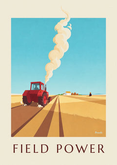 Affiche tracteur agricole rouge labourant un champ doré