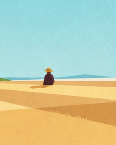 Eine Gestalt mit Strohhut im goldenen Feld unter blauem Himmel