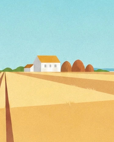 Das weiße Bauernhaus mit ockerfarbenem Dach und die braunen Heuhaufen am Rand des goldenen Feldes