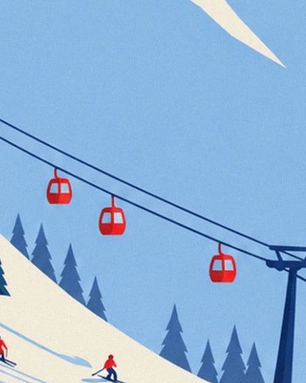 The 3 red cable cars above the blue fir trees and skiers on the slope