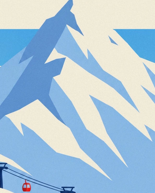 The vast snowy faces of the Alpes in blue and white, above the cables