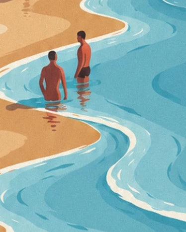 The 2 swimmers in the turquoise water beside a beach with golden curves