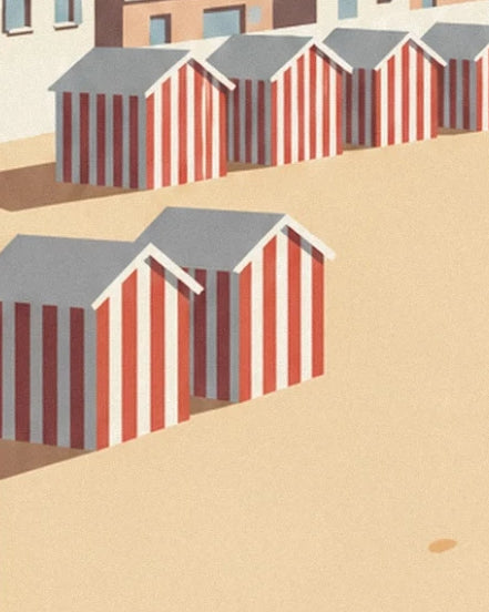 The red and white striped beach huts with grey roofs on the golden sand