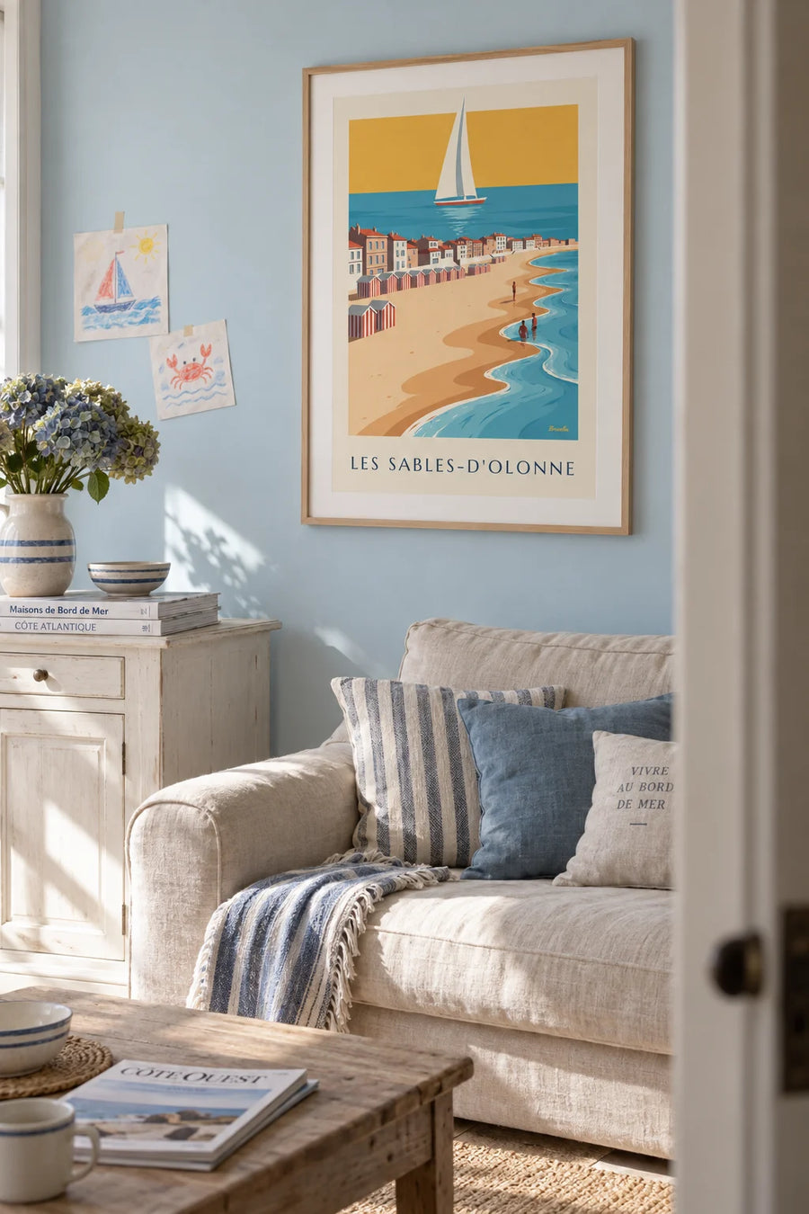 Poster of swimmers and sailboats in Les Sables-d’Olonne: framed on the wall