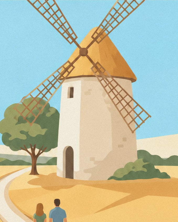 Le moulin blanc à toit de chaume, son olivier et 2 promeneurs sur le chemin