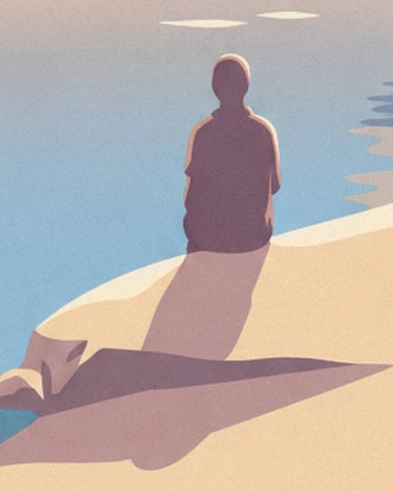A figure seen from behind beside the blue water and long shadows on the bank