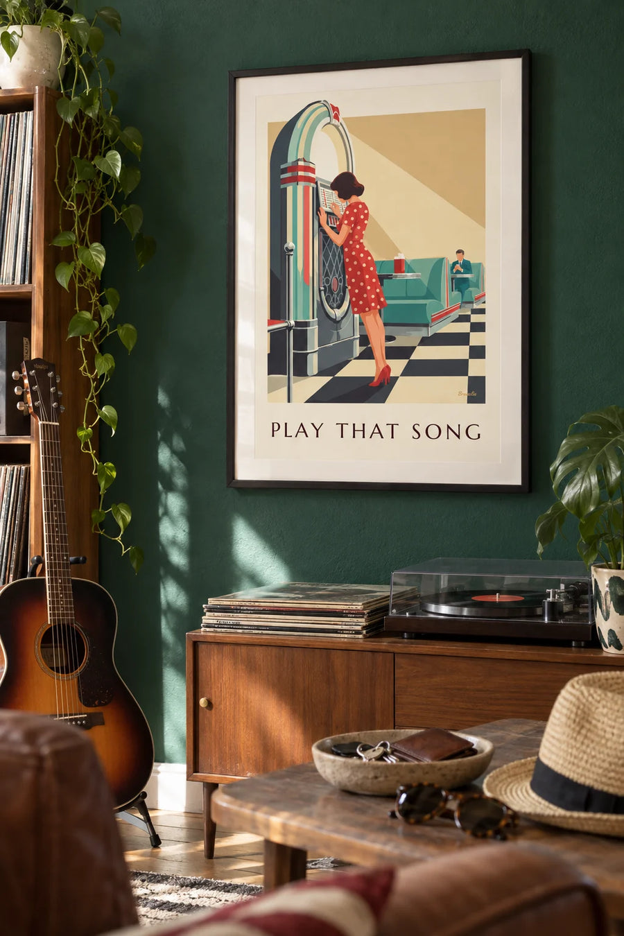 Woman in a polka dot dress choosing a song at the jukebox poster: framed on the wall