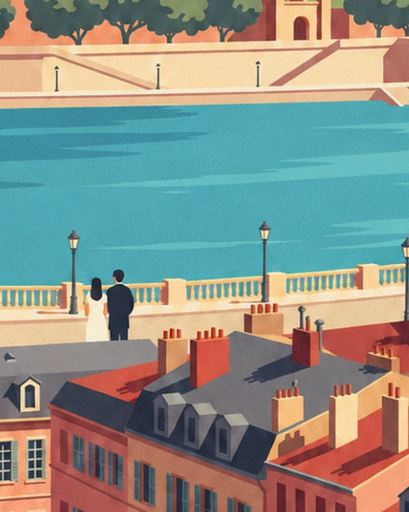 A couple seen from behind on the quay, facing the blue river and red tiled roofs