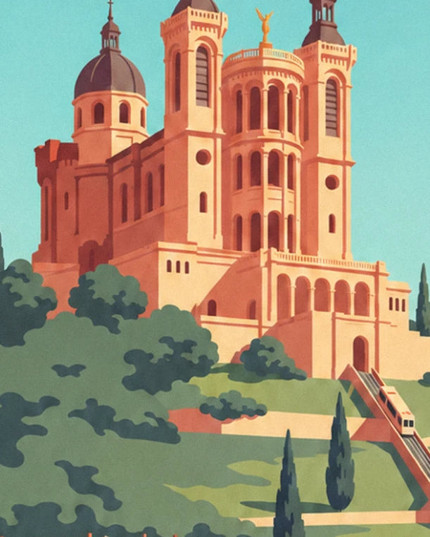 The pink stone basilica of Fourvière, its 4 towers and golden Virgin on the hill