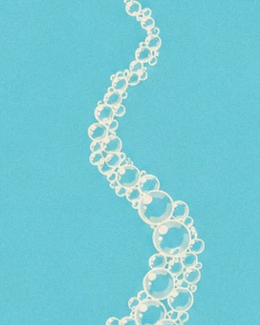 Eine geschwungene Blasenkette mit cremefarbenen Konturen auf türkisem Hintergrund