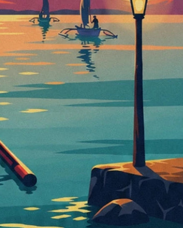 The lamp post on the rocky quay, facing the canoes and the bay’s golden reflections