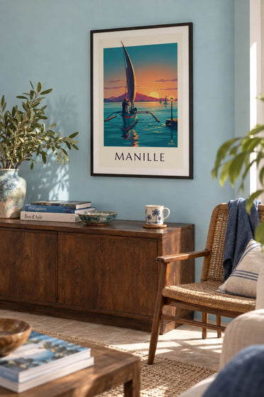 Poster Bangka-Auslegerboot in der Bucht von Manila bei Sonnenuntergang: gerahmt an der Wand