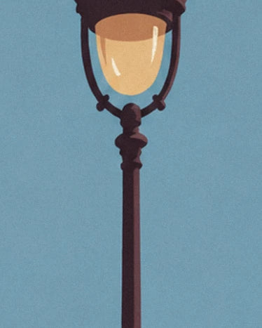 A dark Parisian street lamp with a golden lantern against a blue sky