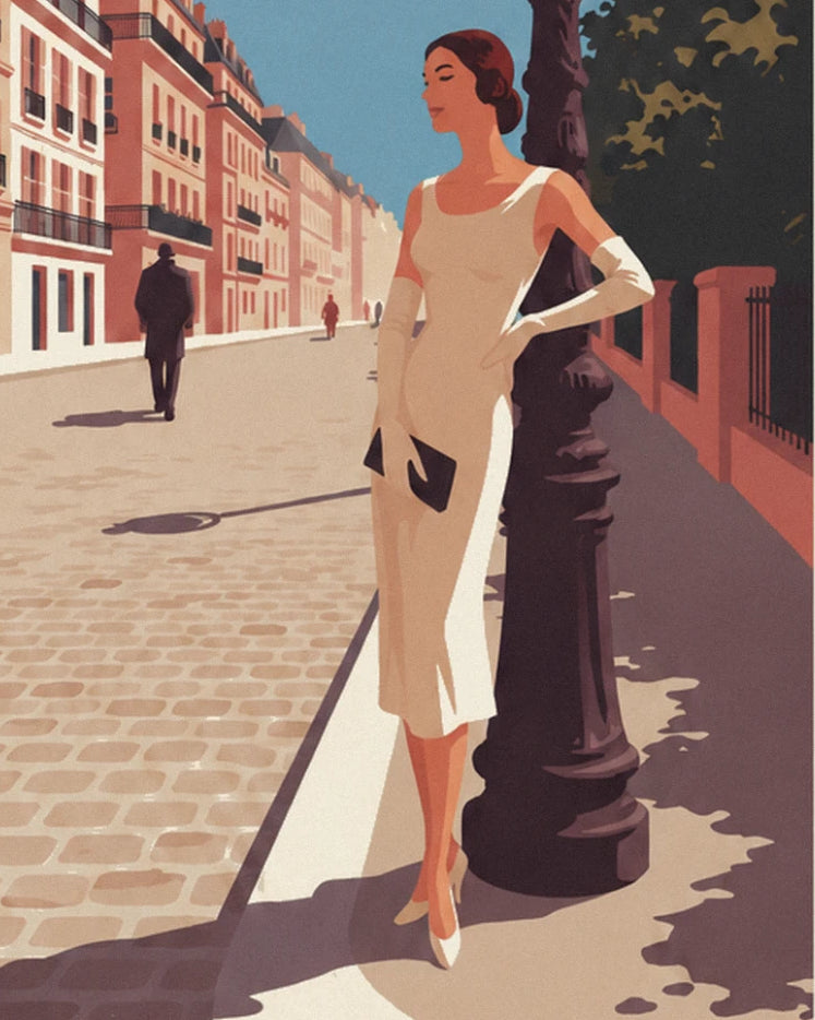 A woman in an ivory dress and long gloves, leaning against a Parisian street lamp