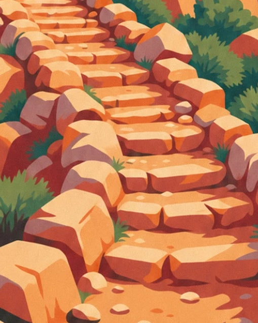 The uneven orange steps between large rocks and tufts of greenery