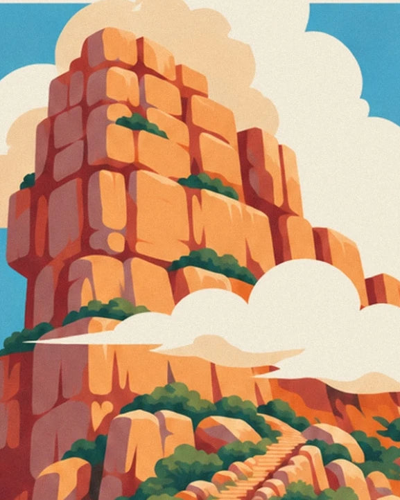 The orange cliffs of montagne de la Table between white clouds and vegetation