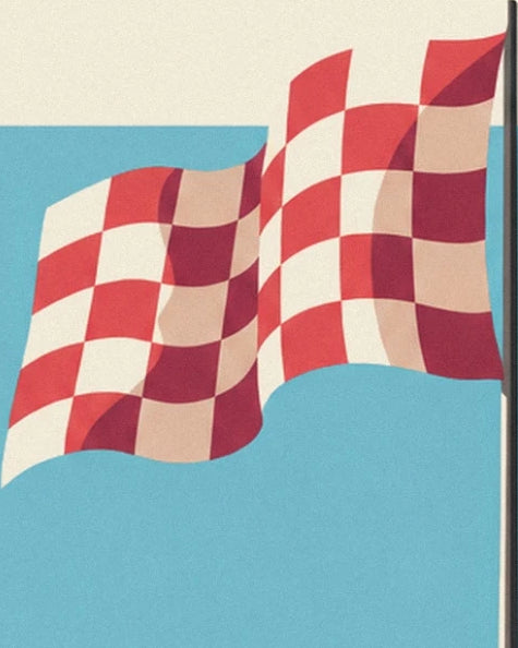 The red and cream chequered flag flying against the blue sky
